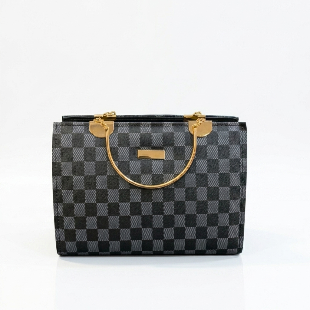 Greyish Black Checkered Handbag